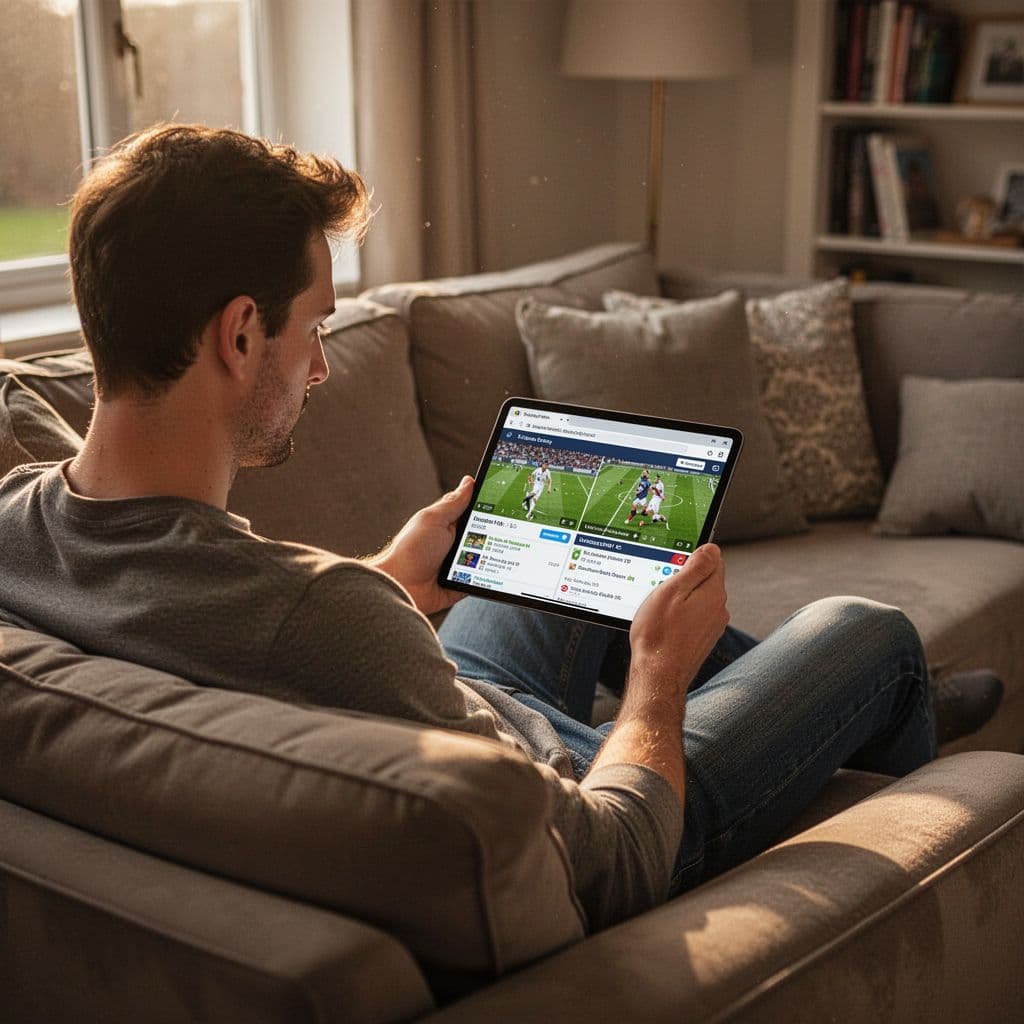 Soccer fan sits on living room sofa viewing match statistics on tablet amid warm afternoon light.