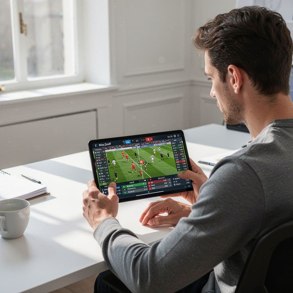 Person looks at tablet displaying soccer statistics on clean desk.