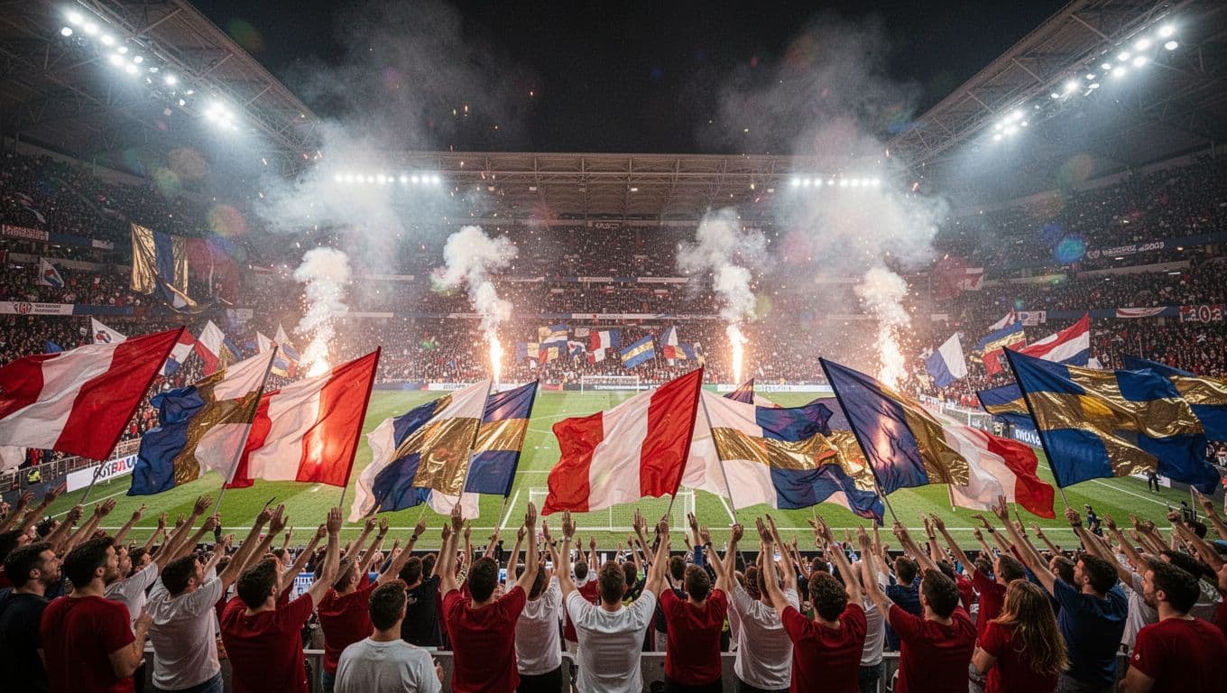 Soccer fans in stands form red-white and blue-gold tifo amid smoke flares in night stadium.