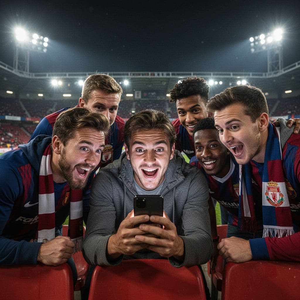 A small group of soccer fans gathers in stadium bleachers under bright night lights, intensely watching a smartphone together. The scene captures their genuine excitement and animated facial expressions after the match.