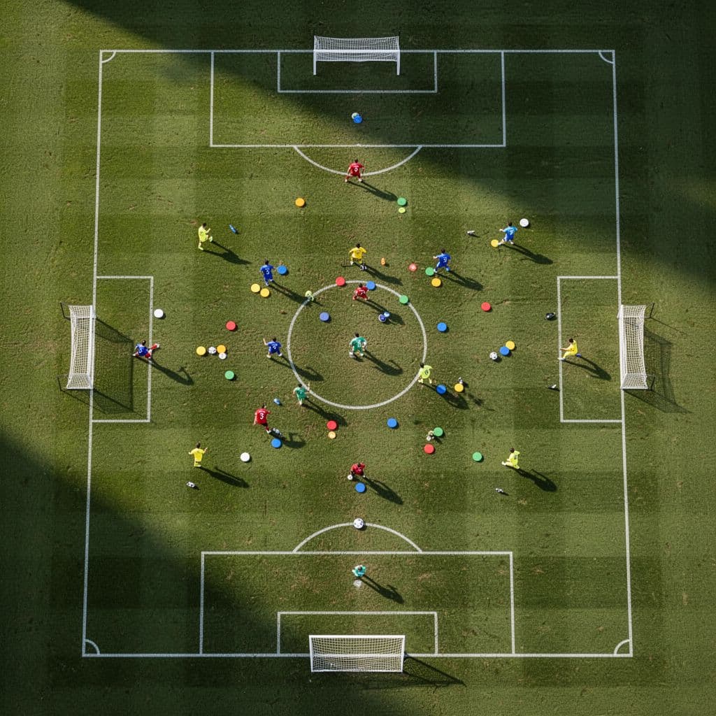 A top-down view of a soccer field featuring abstract dots representing player positions.