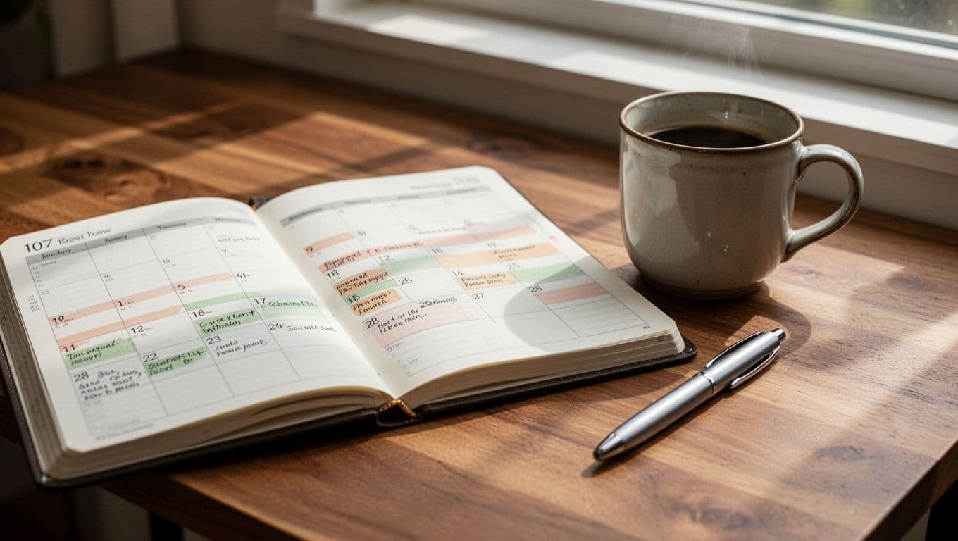 Soccer calendar planner on wooden desk with marked dates for matches, coffee mug and pen nearby in soft window light.