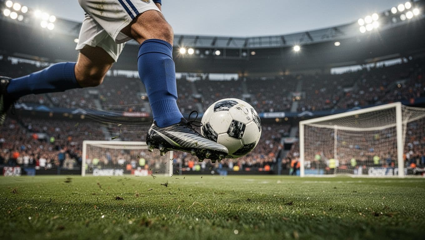 A focused soccer forward prepares to strike the ball during an intense stadium match.