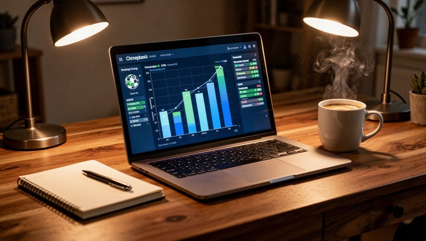 Close-up of laptop showing abstract bar charts for goals scored, conceded, and difference on wooden desk with lamp, notebook, and coffee mug.
