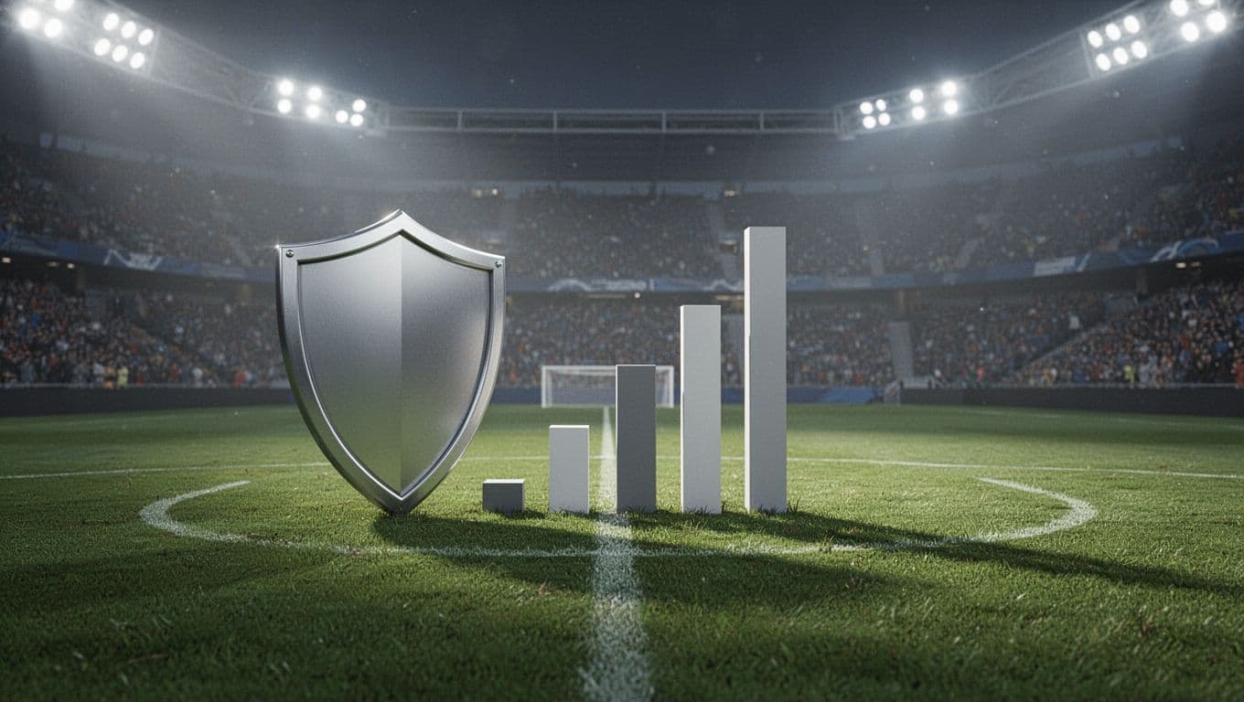 Bar chart and shield icon on soccer pitch show goals conceded averaging one per match.