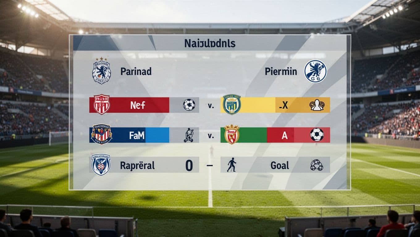 A digital scoreboard displays the group stage standings featuring four teams with points and goal differences. The screen sits above a bright, blurred soccer pitch under clear daylight conditions.