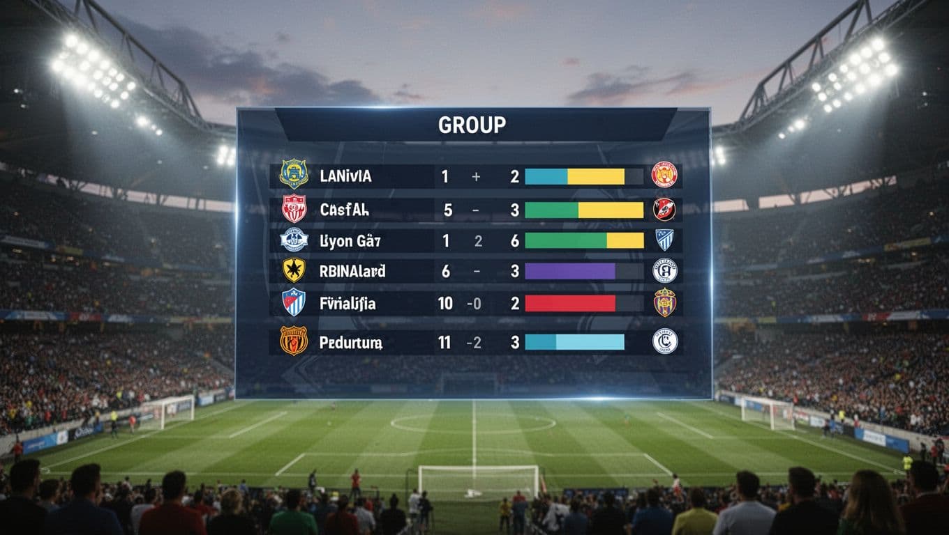 An illuminated digital scoreboard displays team names and scores in a dimly lit stadium at night. The glowing graphics stand out against the blurred, moody atmosphere of the surrounding sports arena.