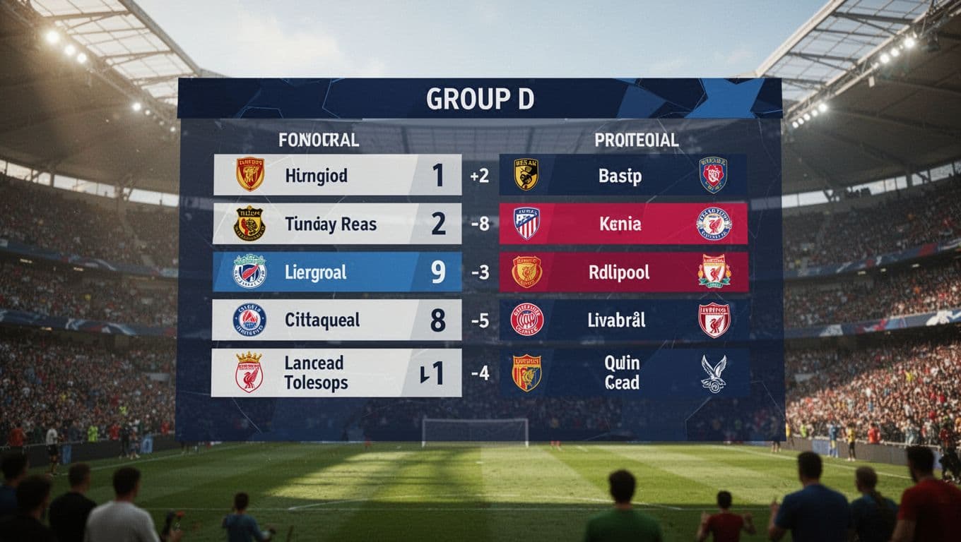 A massive digital stadium scoreboard displays the current Group D rankings in bright text. The blurred crowd and pitch create a deep depth of field behind the glowing match statistics.