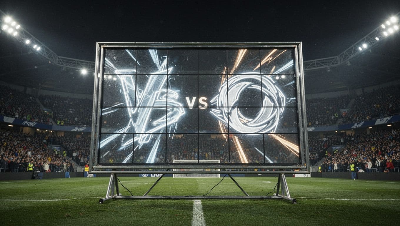 Soccer scoreboard displays recent tight match results with blurred stadium crowd under night lights.