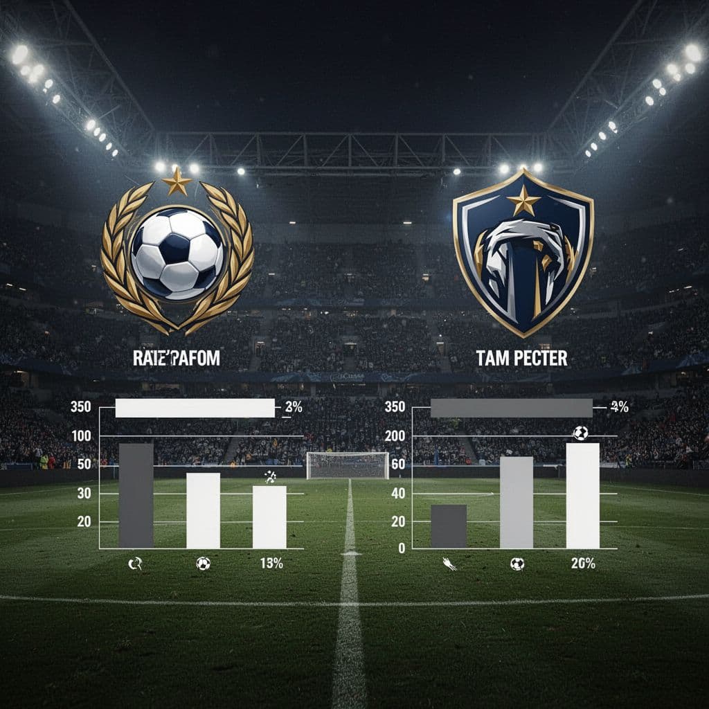 A clean infographic displaying soccer statistics between two teams against a dark stadium backdrop.