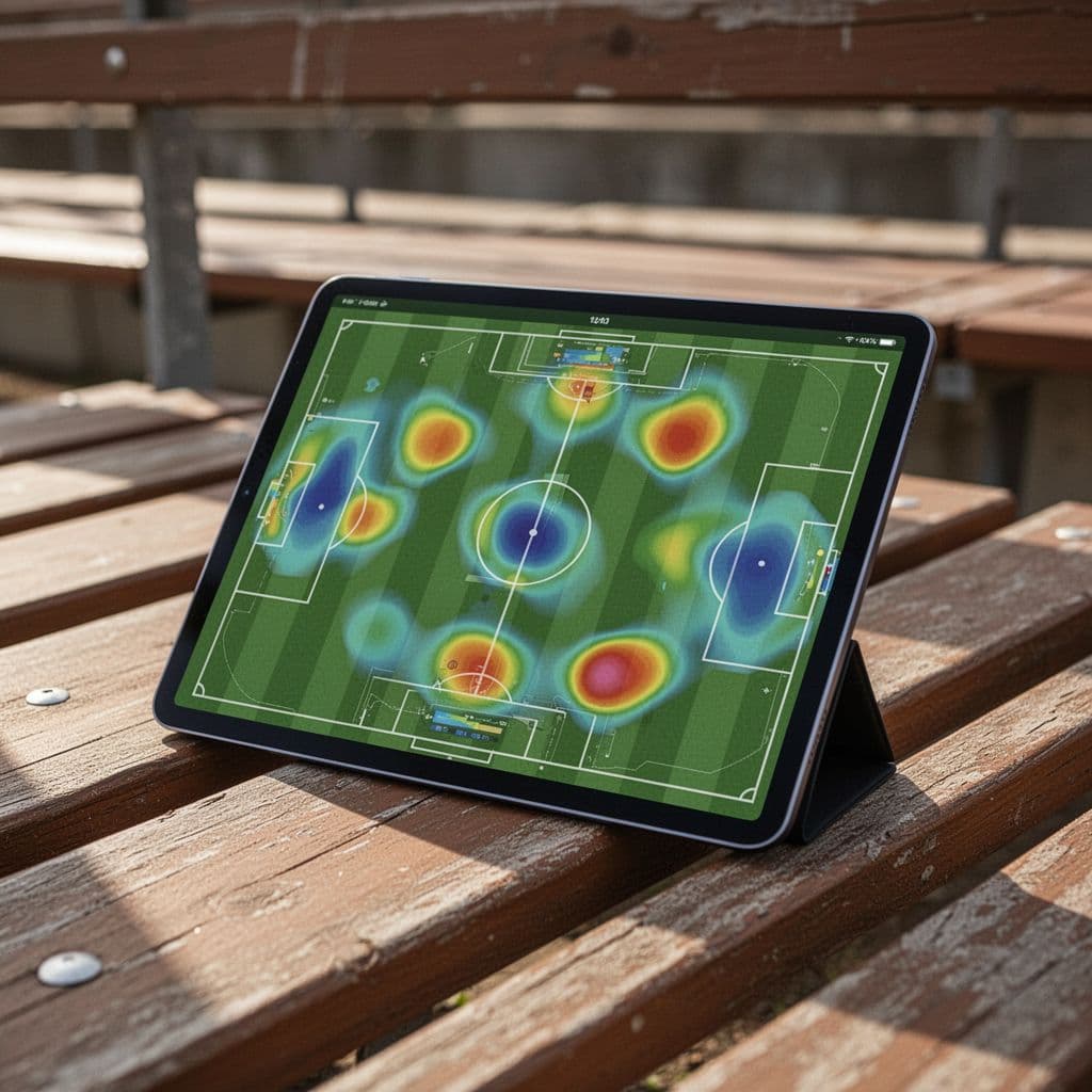 Tablet screen shows soccer field diagram with heatmap zones on wooden stadium bench.