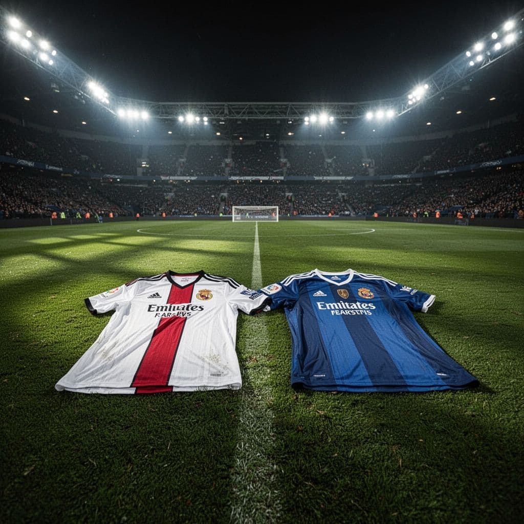 Two opposing team jerseys lie side by side on a professional soccer field under stadium floodlights.