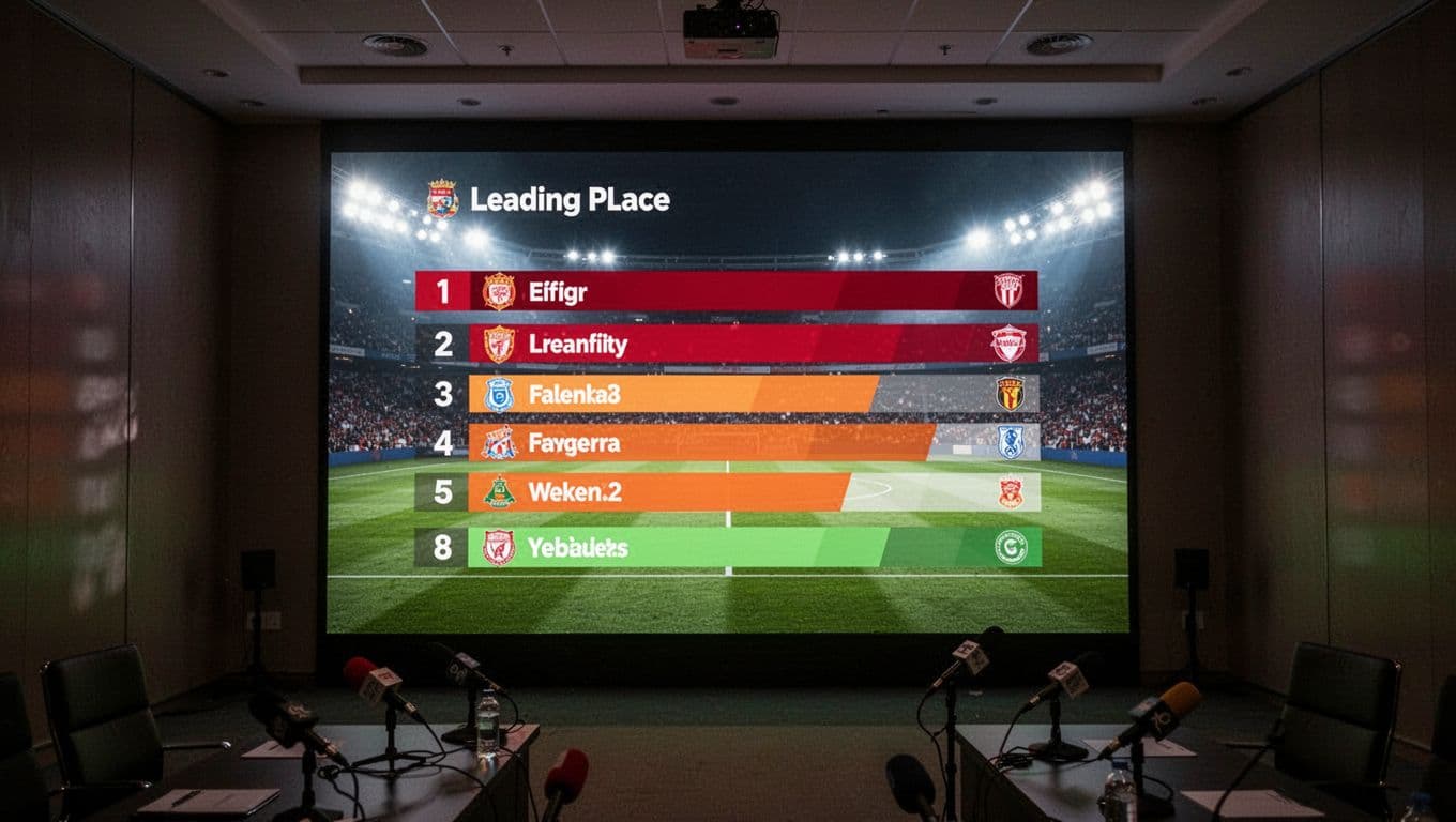 Large screen in dimly lit press room displays soccer league standings with Persib Bandung first, Borneo FC second at 72 points, Bali United eighth at 45.