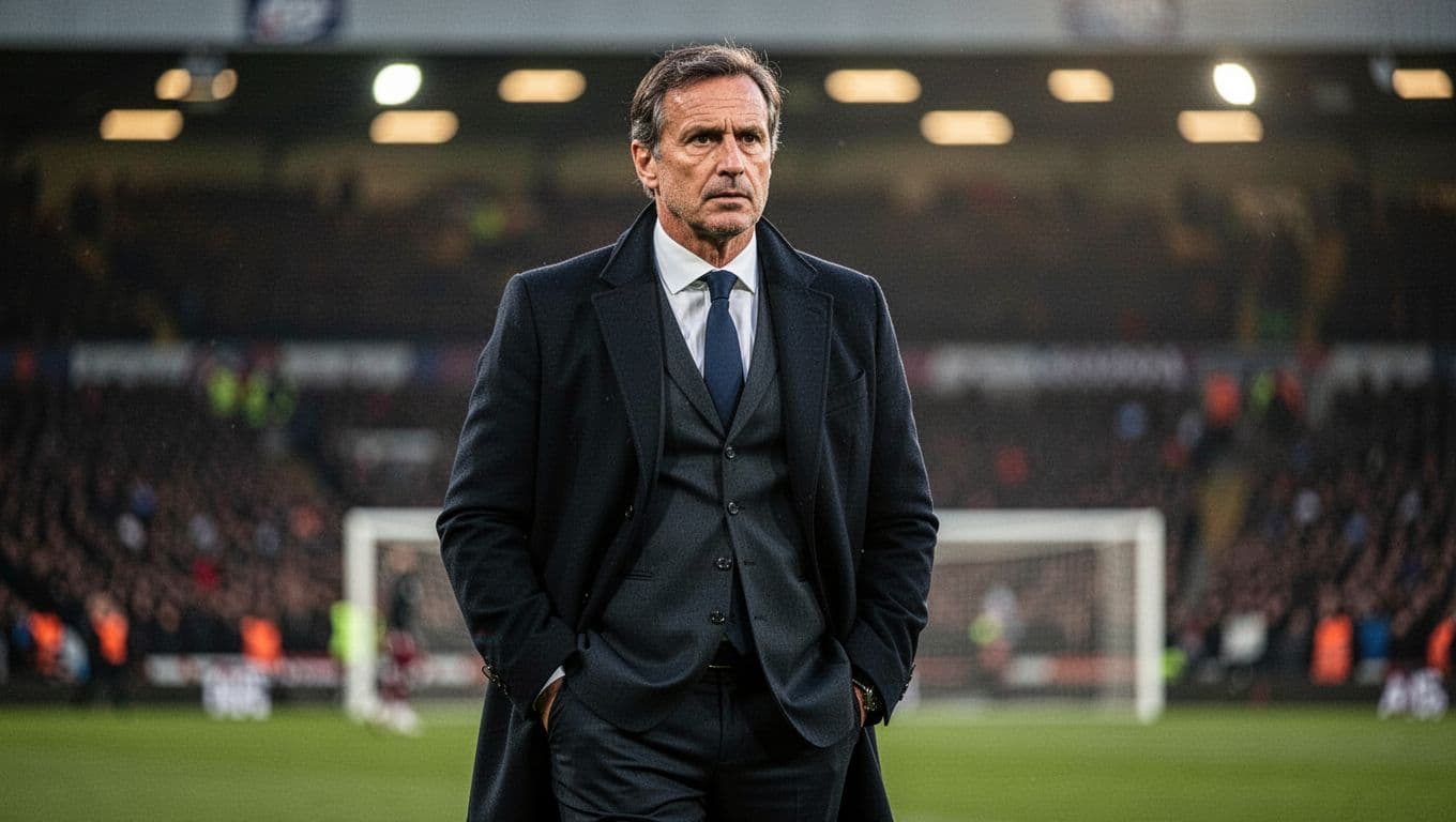 A focused soccer manager in a formal dark coat stands on the pitch sidelines during an evening match.