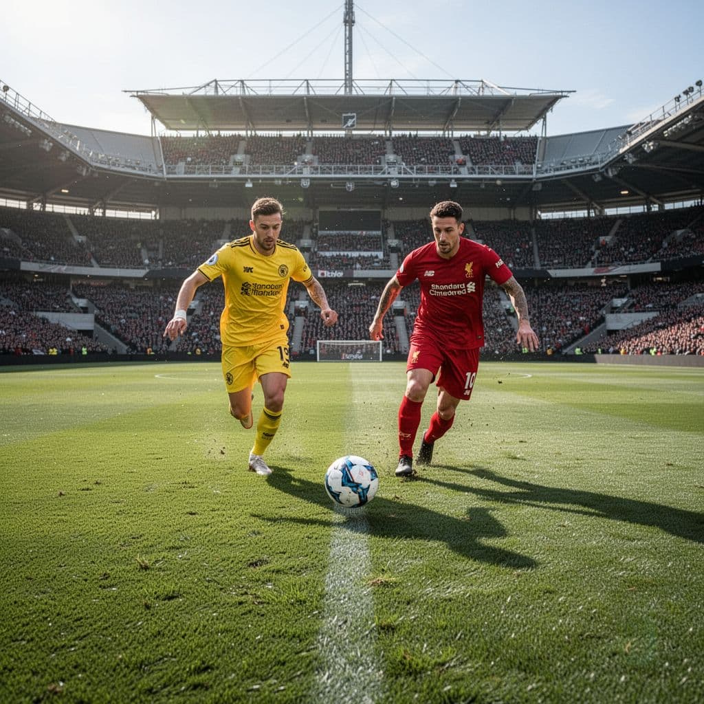 A yellow-clad Australian player chases a Turkish athlete in red across the bright green stadium grass. The dynamic mid-field pursuit highlights raw athletic competition under the clear afternoon sunlight.