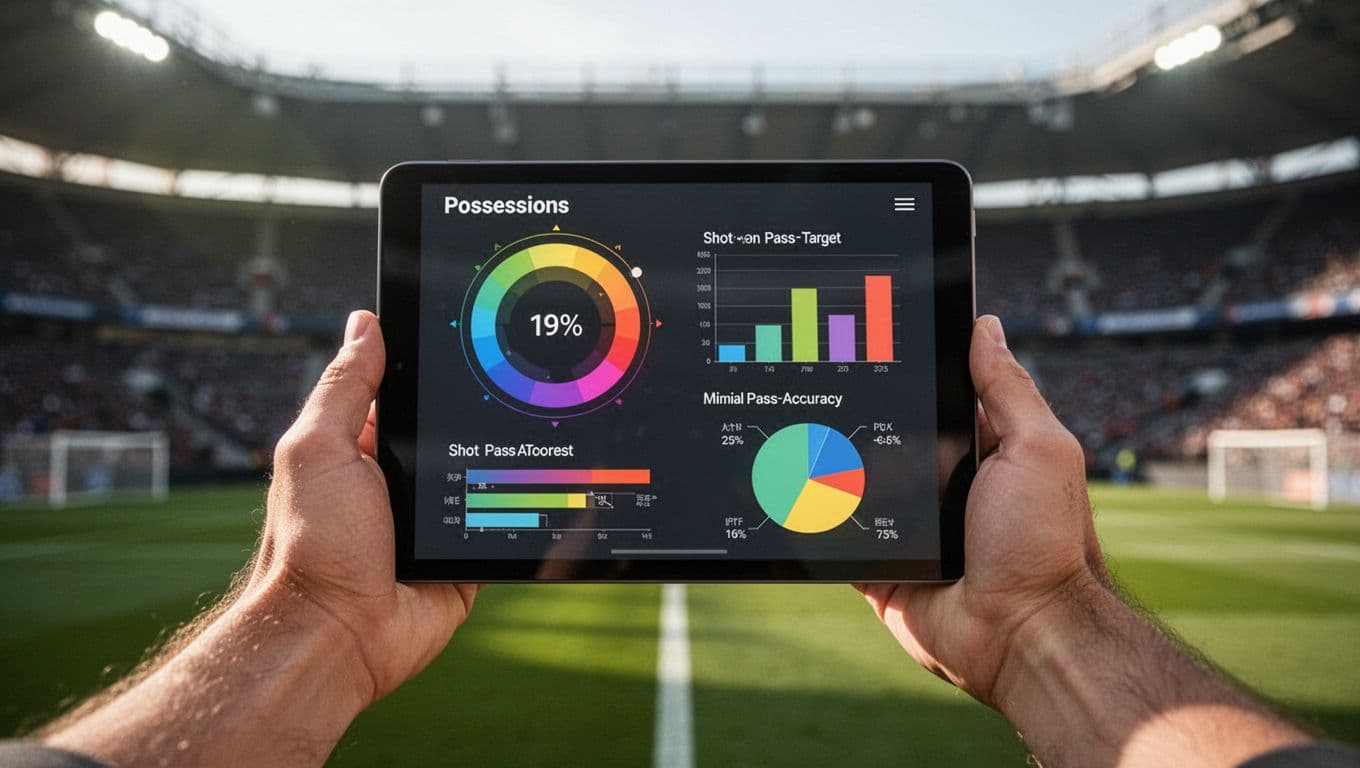 A pair of hands holds a tablet displaying colorful charts for match possession and shooting accuracy. The blurry background shows a professional stadium environment with soft lighting casting a professional glow.