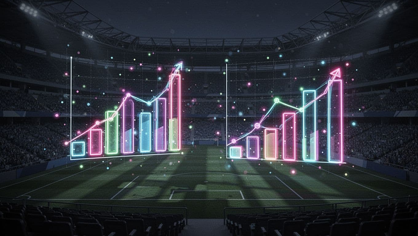 Glowing neon bar graphs and floating data points represent soccer team performance against a dark backdrop. The visual layout emphasizes analytical comparisons suitable for professional sports data review and tactical evaluation.