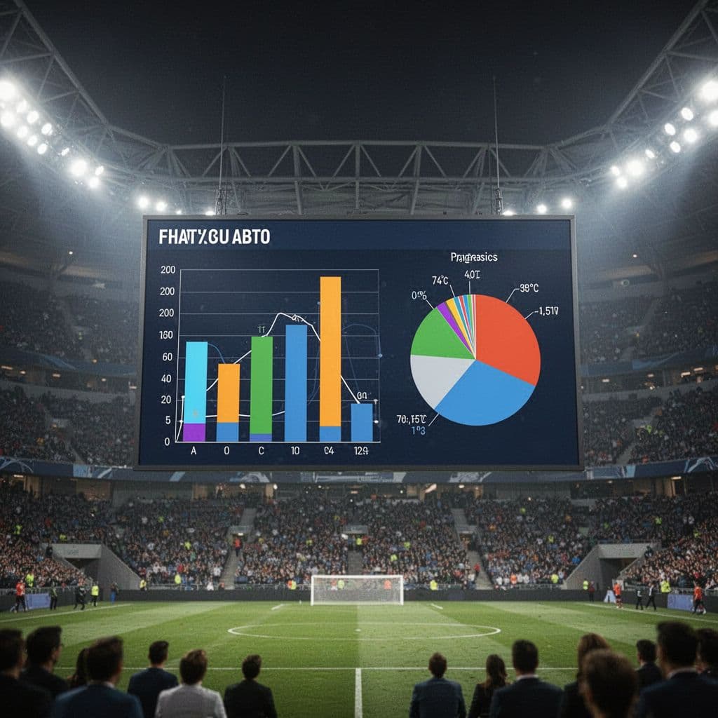 A vibrant digital screen displays complex soccer match statistics, including detailed bar charts and pie graphs. In the background, a blurred crowd fills the stadium seats during a professional football game.