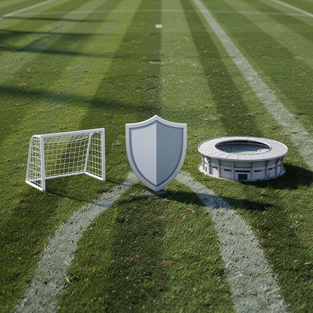 Close-up icons of soccer goal, shield, and stadium on green pitch with subtle black-white stripes.