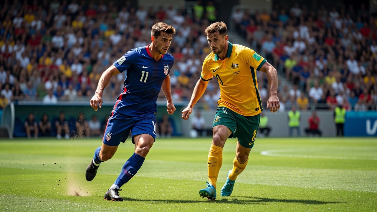 An intense face-off occurs between two soccer players wearing blue and yellow jerseys on a bright stadium field. A packed, blurred crowd creates an electric atmosphere in the vast background.