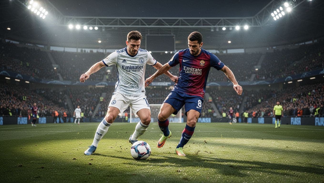 Two professional athletes from opposing teams scramble for ball possession on a lush green field. Powerful stadium lights illuminate the midfield turf while the surrounding crowd remains a soft, out-of-focus blur.