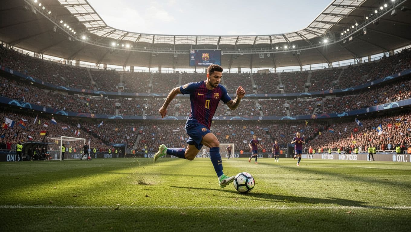 Two professional athletes sprint across a lush green pitch during a high-stakes match. A vast stadium filled with eager spectators looms in the background under bright, clear daylight conditions.