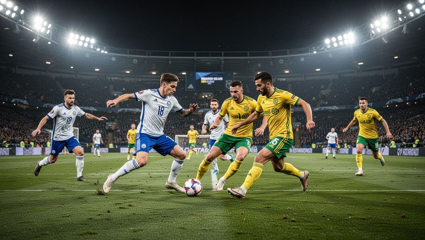 Athletes in white and blue uniforms sprint across a lush grass field while competing against a team in yellow. Bright stadium floodlights illuminate the dramatic, high-energy night match action.