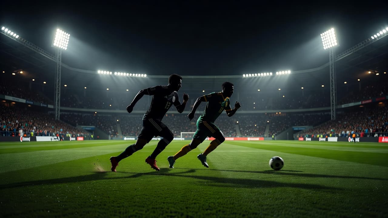 Dua pemain sepak bola berlari mengejar bola di bawah lampu stadion yang terang, dengan suasana pertandingan malam yang intens.