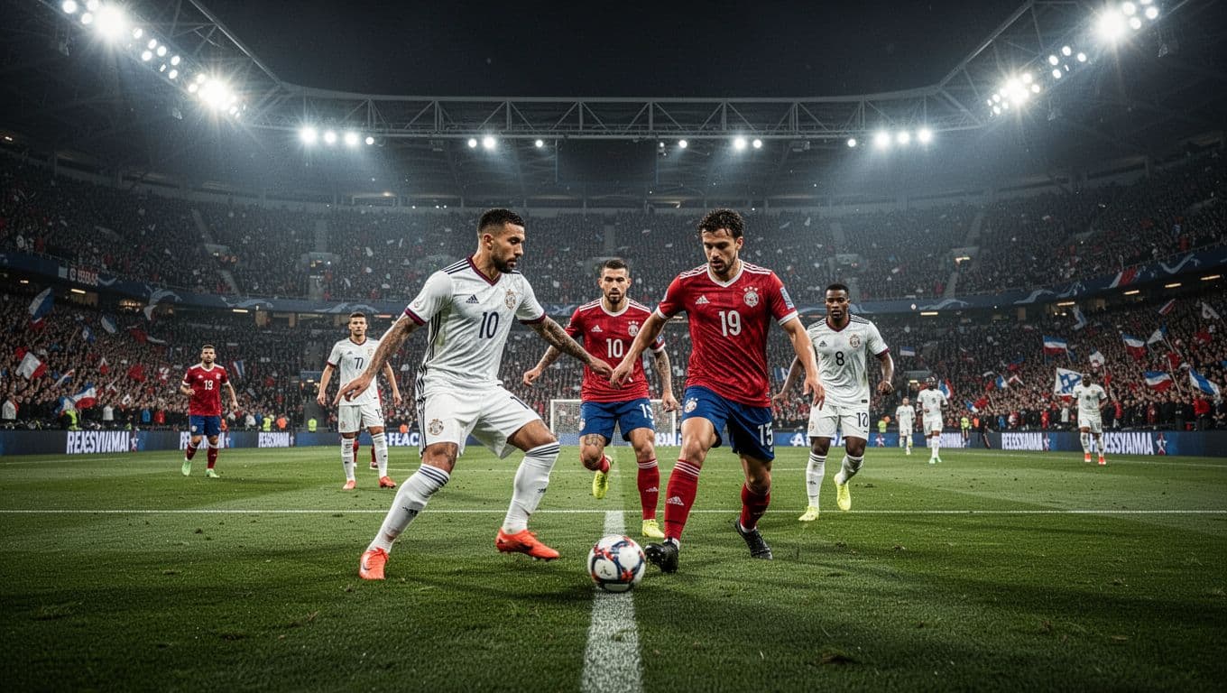 Two national soccer teams engage in an intense struggle for ball possession upon a vibrant green pitch. Bright stadium floodlights illuminate the grass while thousands of spectators watch from the stands.