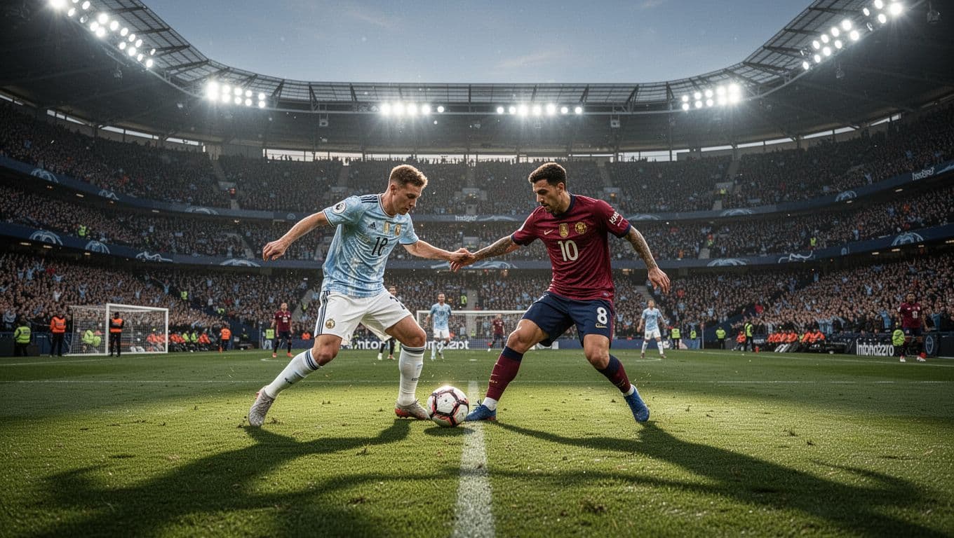 Two professional soccer teams compete on a vibrant green grass field inside a massive, packed stadium. Bright floodlights illuminate the intense duel between players as fans fill the surrounding stands.