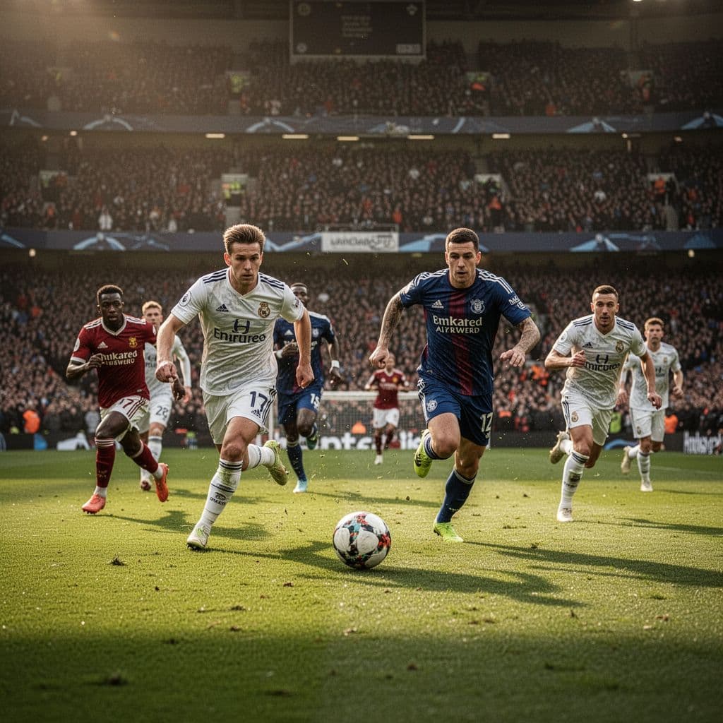 Two competing teams face off on a lush green grass pitch under bright stadium lights. A blurred, cheering crowd fills the stands, creating an intense atmosphere during this tactical professional game.