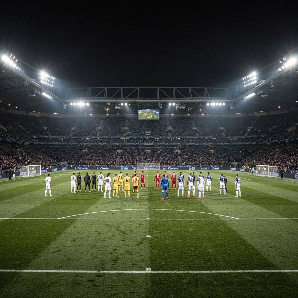 Players stand in formation on a brightly lit soccer pitch at the beginning of a night match.