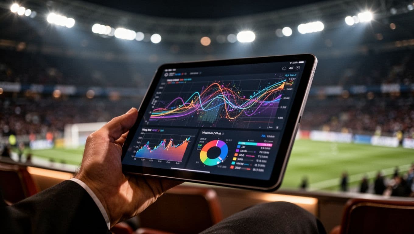 A digital tablet screen displaying complex soccer performance graphs and charts is held by a person. The dimly lit VIP box environment features a background of blurred, glowing stadium floodlights.
