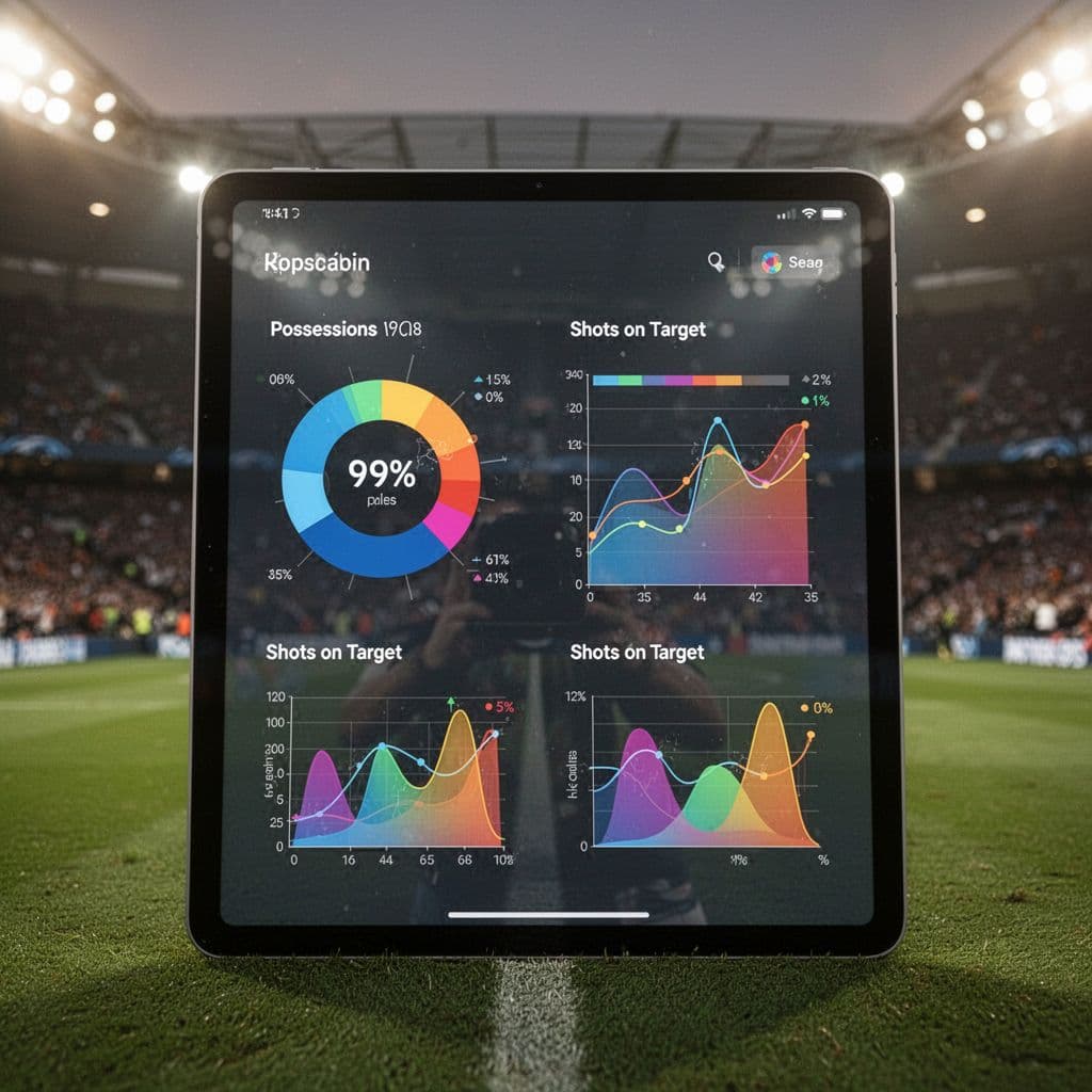 A tablet displays soccer match performance metrics including possession percentages and shot accuracy in a stadium.