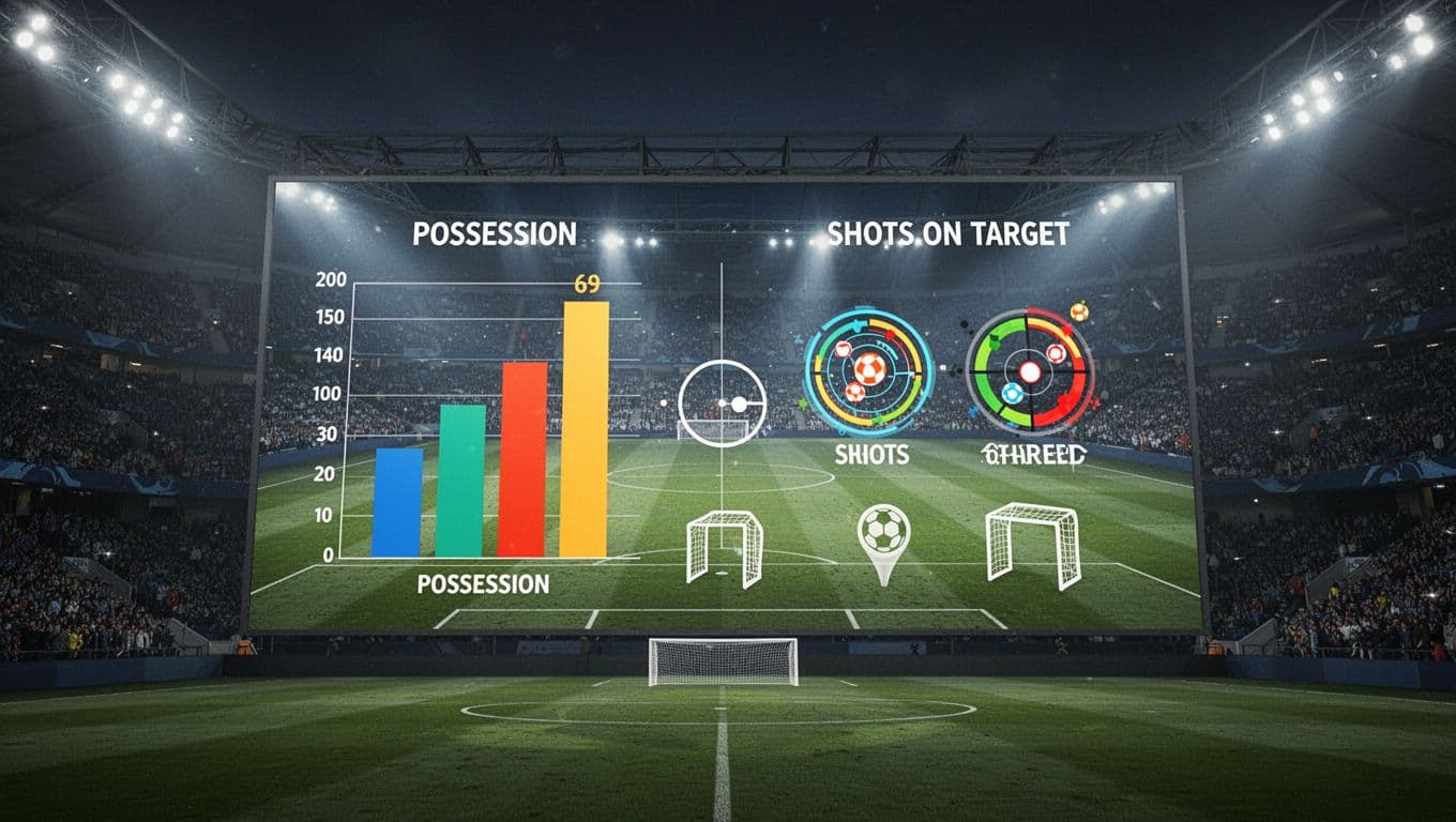 A digital stadium scoreboard displays glowing bar charts representing team possession and shot accuracy. The vibrant interface highlights balanced game data through crisp geometric shapes against a dark, professional backdrop.
