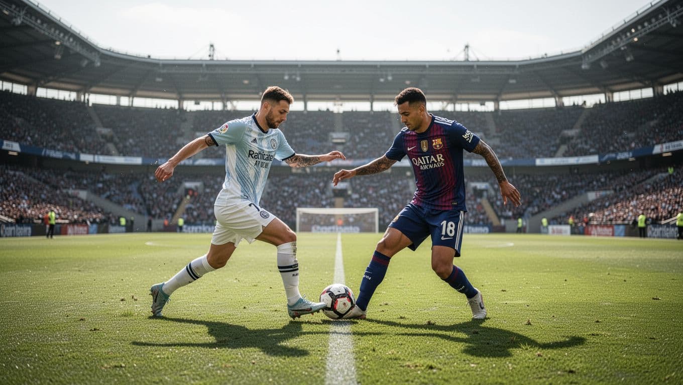Two professional soccer players from opposing teams aggressively compete for ball possession on a sprawling grass field. The stadium stands are filled as natural daylight highlights the intense physical engagement.