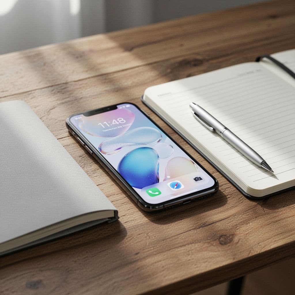 A smartphone displaying a sports schedule rests on a wooden table beside a notebook and pen.