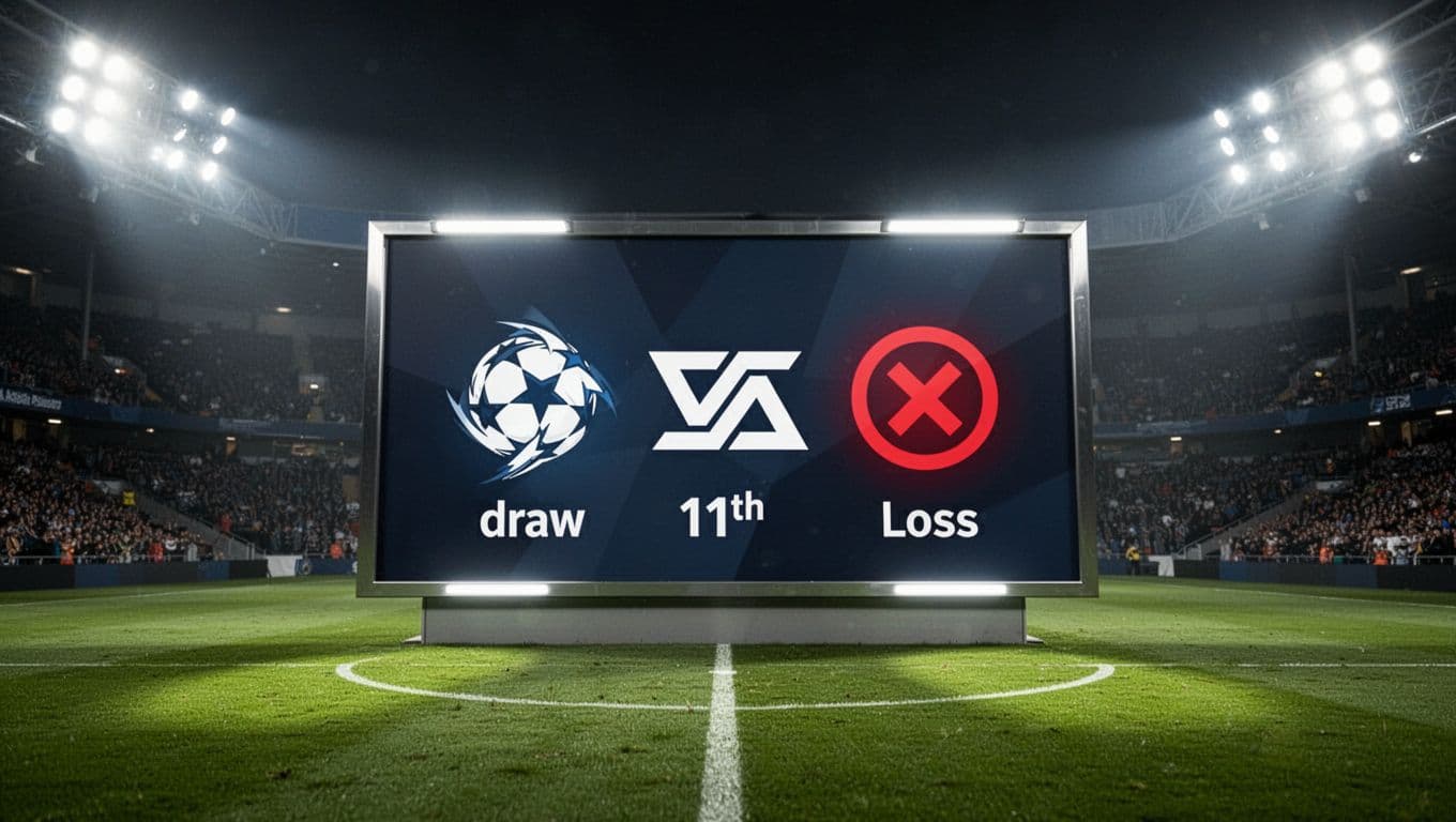 Modern stadium scoreboard displays mid-table soccer standings around 11th place with balanced win-draw-loss icons on green field.