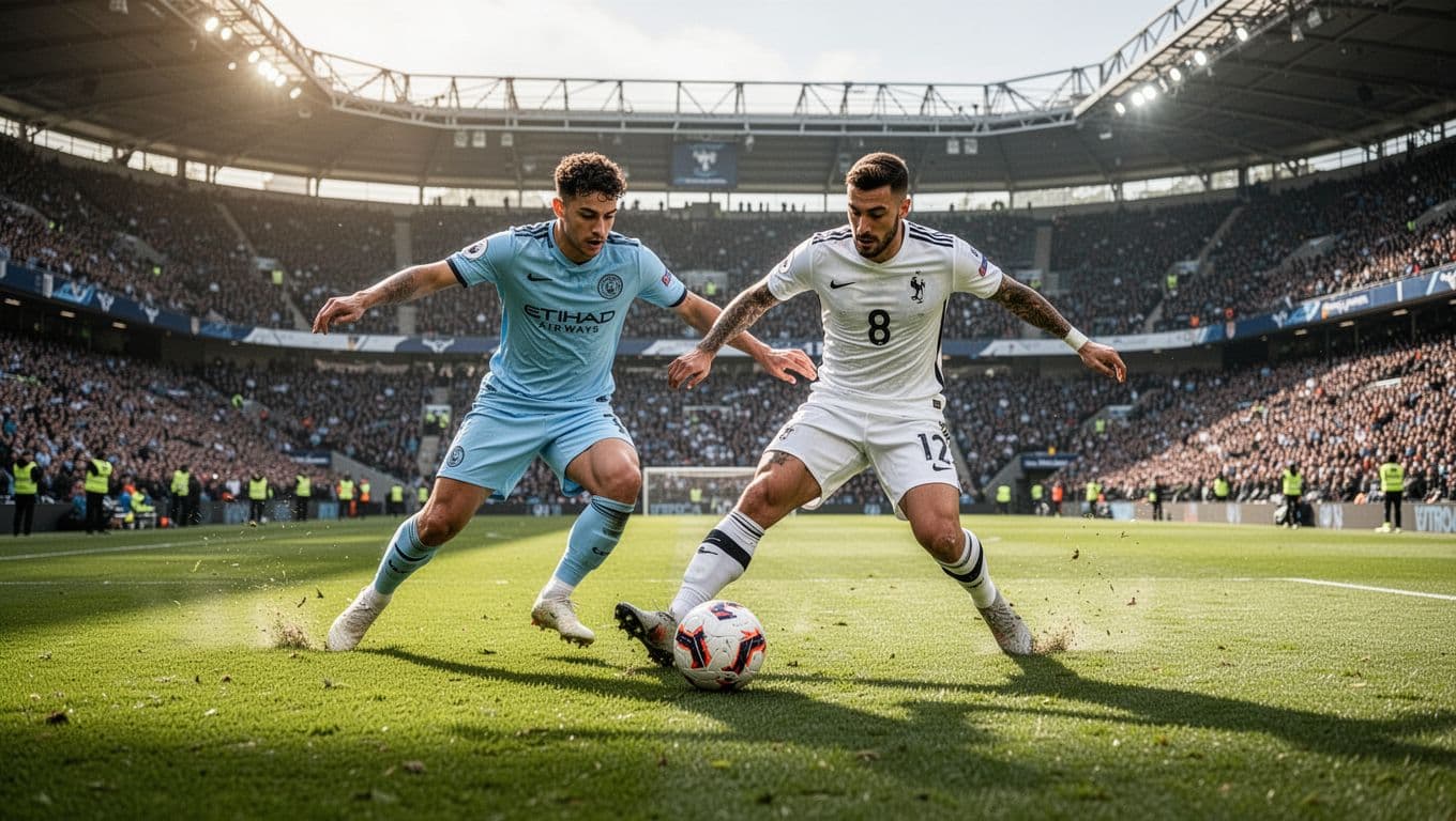 A light blue jersey player and a white jersey opponent sprint toward a loose ball on the grass. The intense action occurs in the midfield under bright afternoon stadium sunlight.
