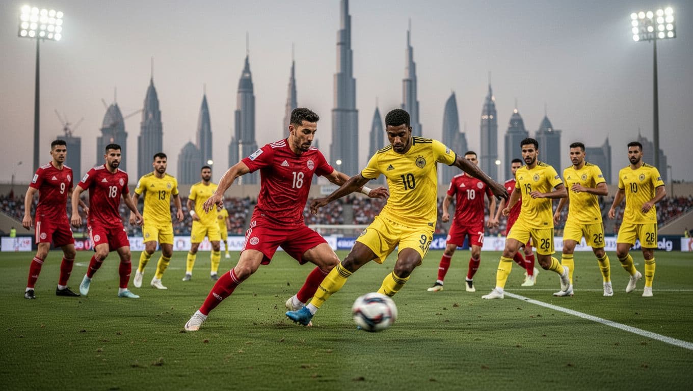 Red team presses high in midfield against yellow counterattack, Dubai skyline blurred in evening light.