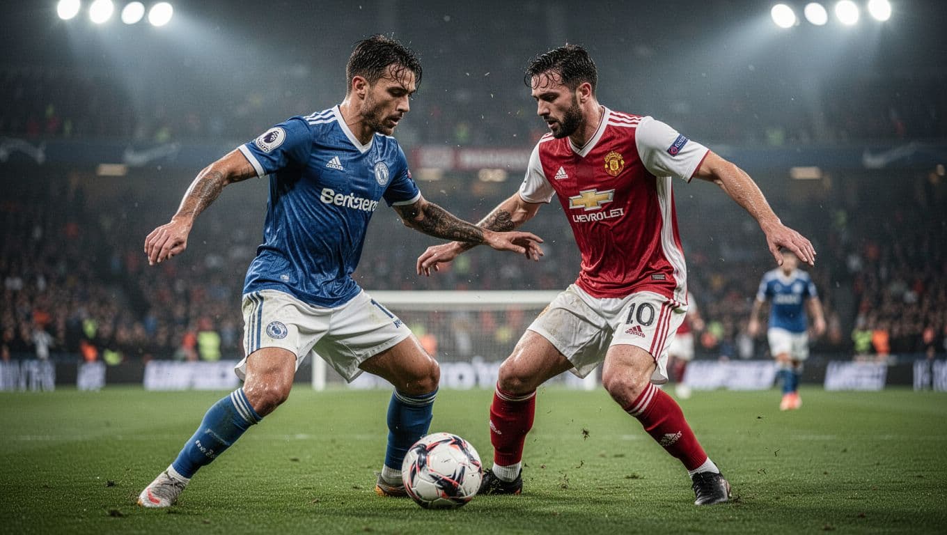Two players compete for ball in midfield, sweat and determination on faces, green pitch, blurred crowd.