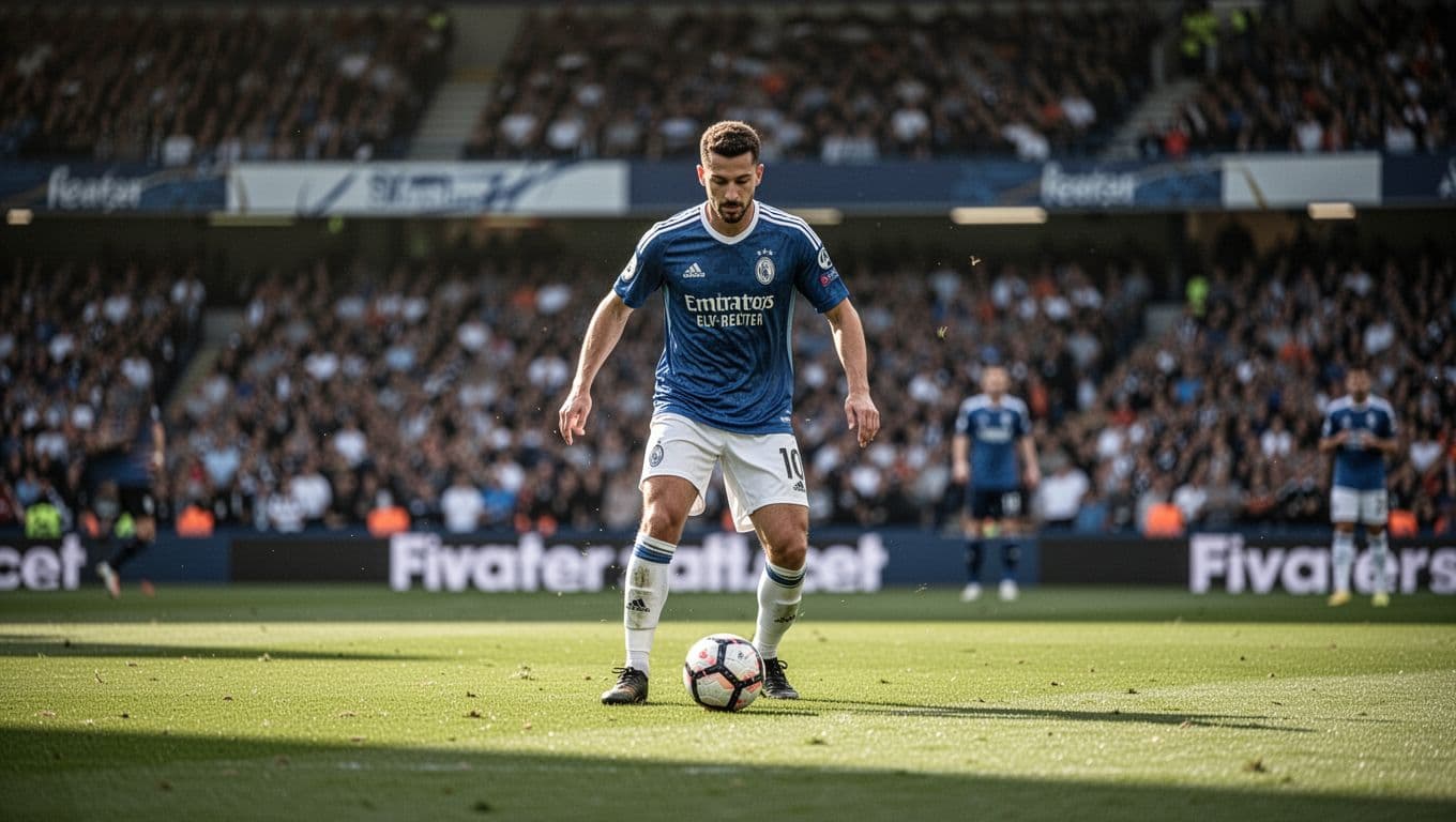 Soccer midfielder focuses on ball in stadium center, blurred crowd background.