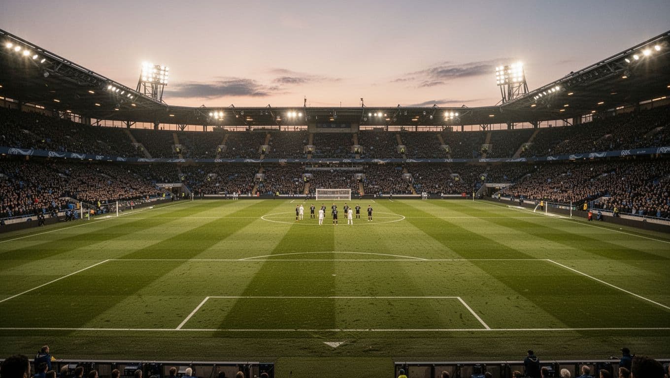 An empty soccer pitch illuminated under evening stadium lights just before a match begins.