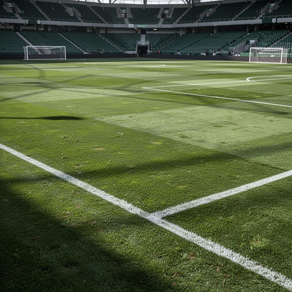 Green grass and white lines on professional soccer stadium pitch from low edge angle in bright daylight.