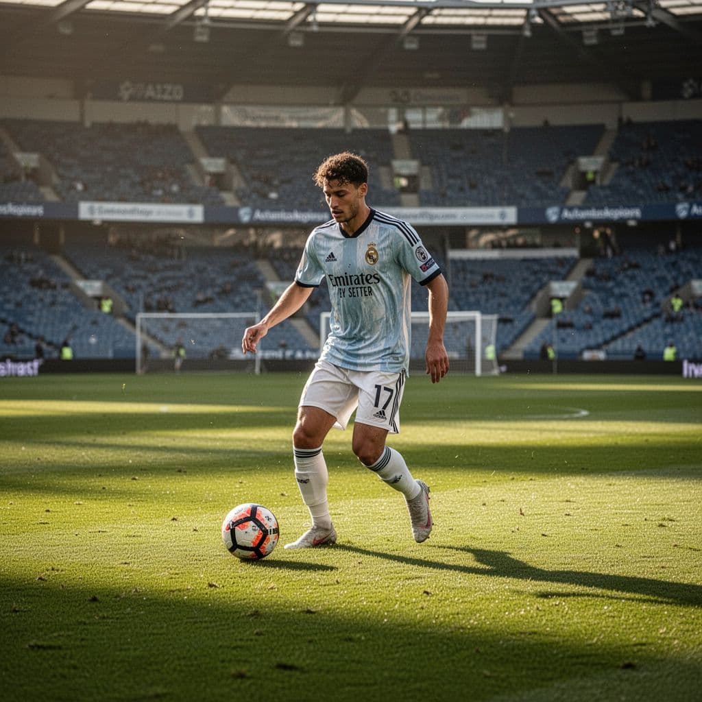 Professional soccer player controls ball on green grass pitch in empty stadium, side view.