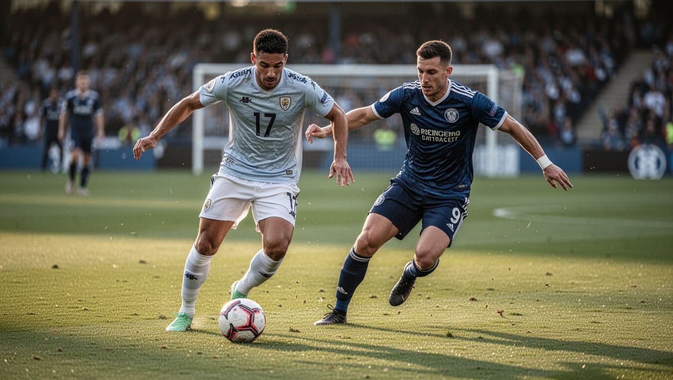 A focused striker maneuvers the ball across a vibrant green pitch while an opposing defender aggressively challenges for possession. Both athletes exhibit intense physical coordination under warm afternoon sunlight.
