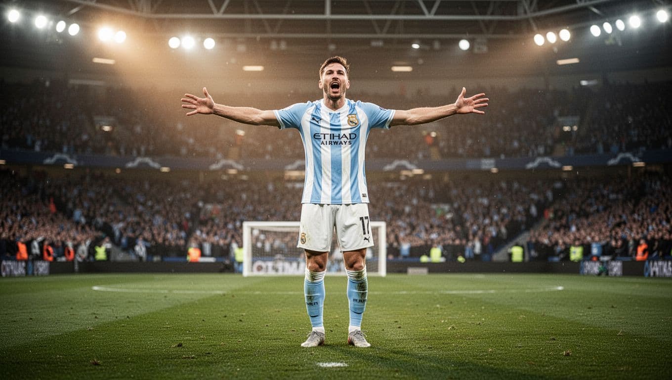 A soccer player in a blue and white striped jersey stands on the grass with arms wide open. Glowing stadium lights illuminate the pitch while a blurred crowd watches from behind.