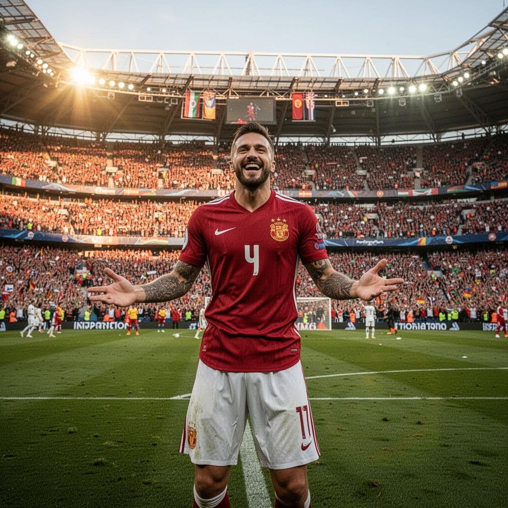 A professional soccer player cheers with arms outstretched after scoring a goal. He stands alone on the pitch while thousands of fans fill the vibrant stadium grandstands during sunset.