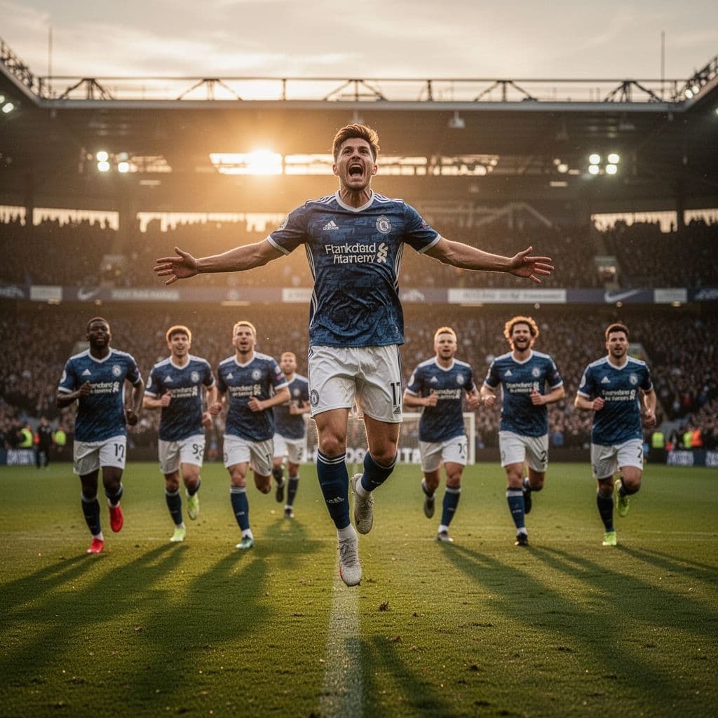 A soccer player celebrates a winning goal on the pitch during a golden hour sunset.