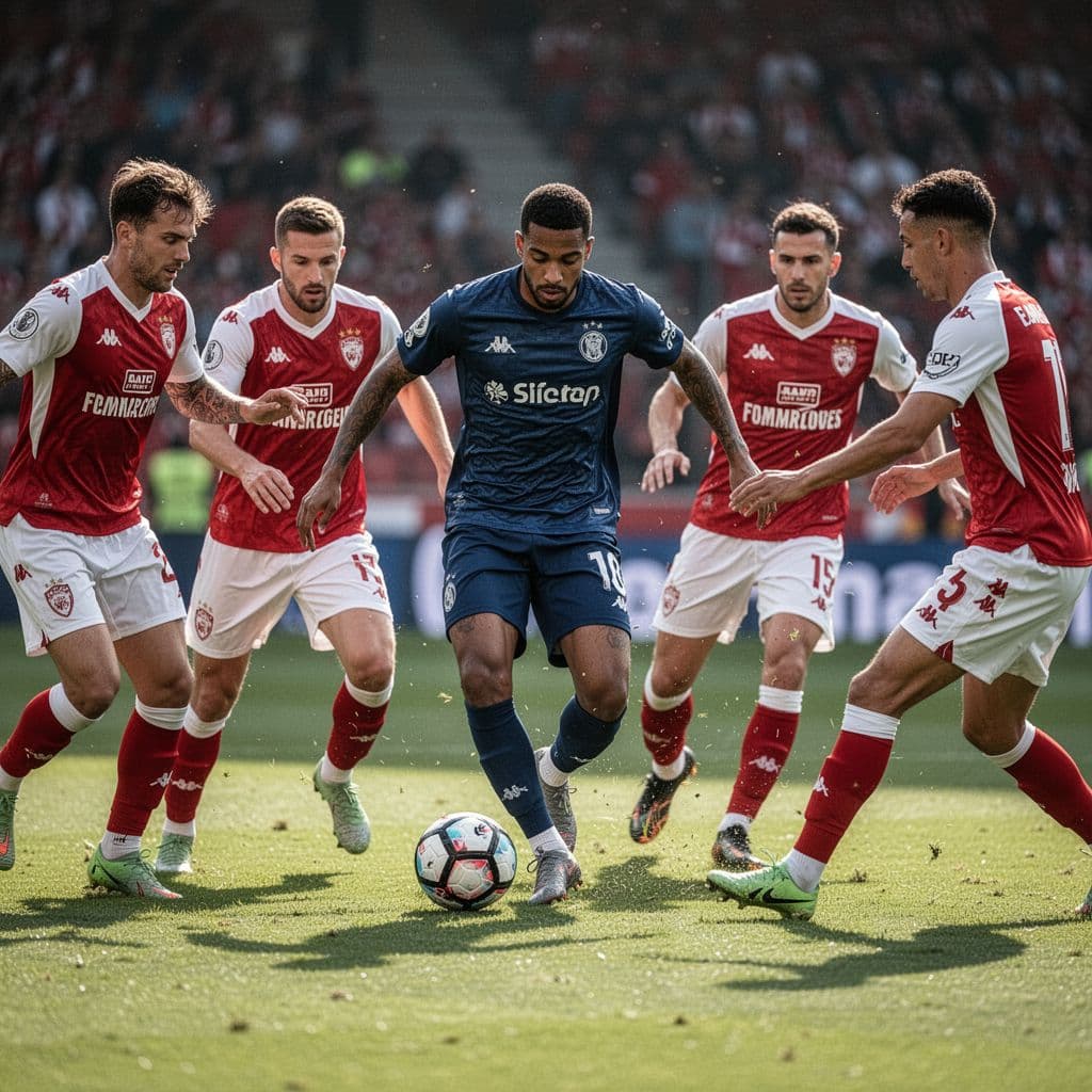 Soccer player in dark blue kit maneuvers ball past three defenders in red and white kit on stadium pitch.